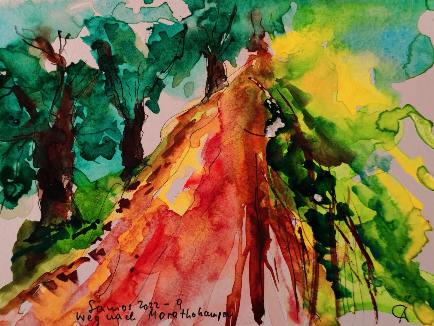 Auf dem Weg nach Marathokampos, Aquarell, 24 x 17 cm. CA 2022